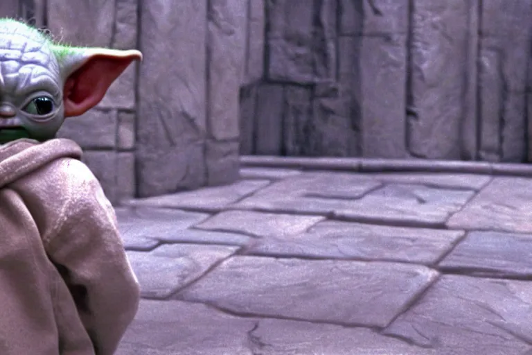 Prompt: promotional image of Baby Yoda (viewed from behind) standing in front of the Mirror of Erised in Harry Potter and the Philosopher's Stone (2001), movie still frame, promotional image, imax 70 mm footage