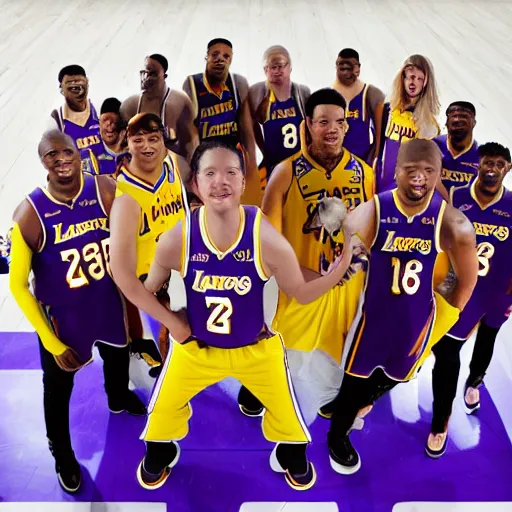 Prompt: Humpback Whales wearing Lakers jersey, team photo