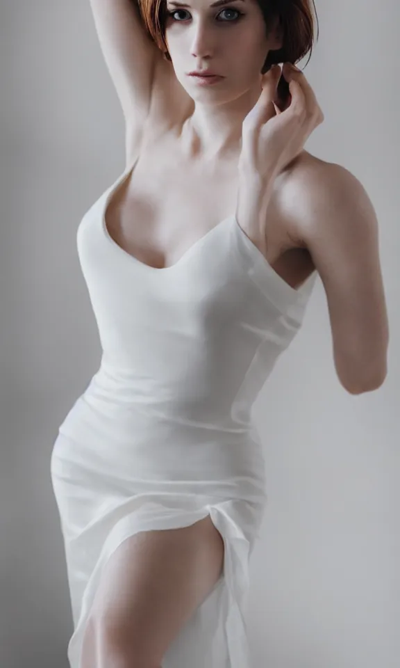 Image similar to photo of gorgeous seductive tall emily skinner cosplaying annie leonhart wearing elegant white dress, wearing open toe heels, in a white room, beautiful face, pale skin, rule of thirds, cinematic lighting, sharp focus, backlit, stunning, smooth, hard focus, full body shot, studio photo, shot on sony a 7 iii