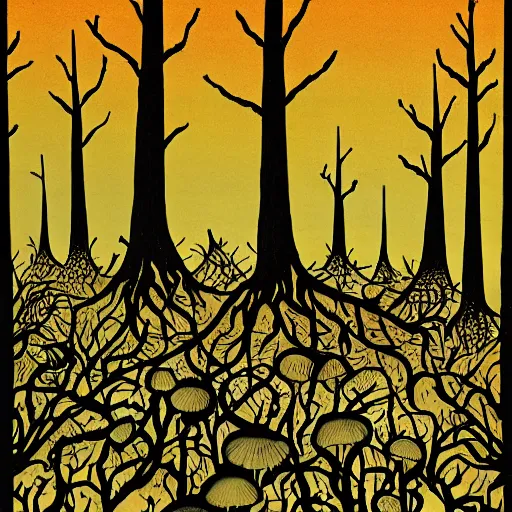 Image similar to mushroom trees viewed from the burning forest floor with a god ray drawn by John Avon