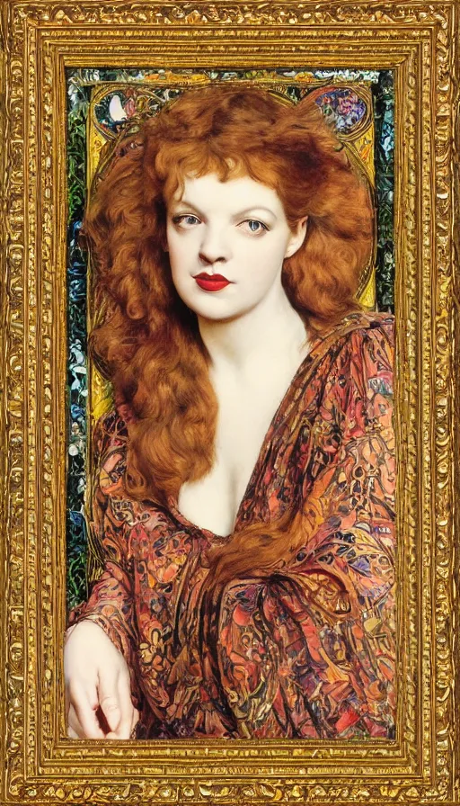 Image similar to preraphaelite full body portrait photography masterpiece hybrid of judy garland and florence welch, reclining, william holman hunt, ford madox brown, brown hair fringe, yellow ochre ornate medieval dress, william morris, framed 4 k