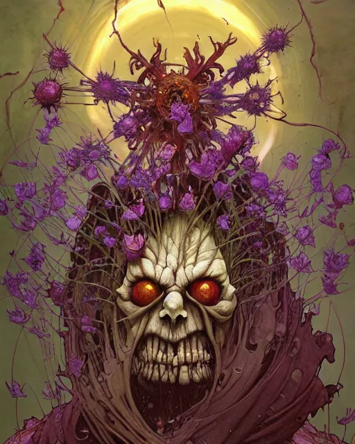 Image similar to the platonic ideal of flowers, rotting, insects and praying of cletus kasady carnage thanos davinci nazgul wild hunt chtulu mandala ponyo heavy rain the witcher, d & d, fantasy, ego death, decay, dmt, psilocybin, concept art by randy vargas and greg rutkowski and ruan jia and alphonse mucha