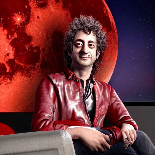 Image similar to gustavo cerati sitting on the red moon, digital art, highly detailed, render unreal engine