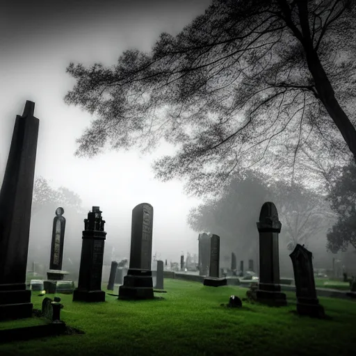 Image similar to memorial statues in a gothic cemetery at dusk, dramatic, gloomy, volumetric light, ground mist