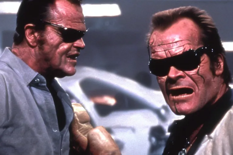 Image similar to Jack Nicholson plays Terminator, scene where his endoskeleton gets exposed, still from the film