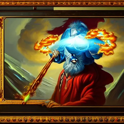 Image similar to Highly detailed oil painting, concept art, of a wizard casting a fireball spell, fighting against a huge ice giant, red and blue color scheme, concept art, highly detailed.