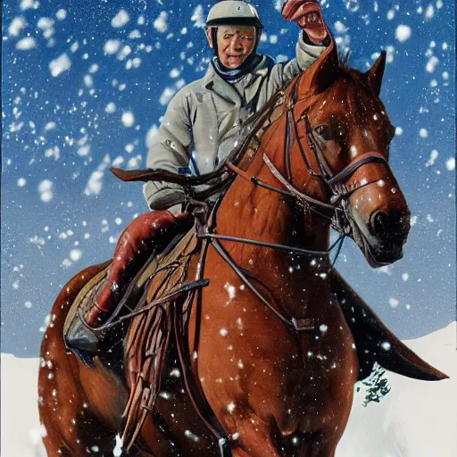 Image similar to a painting of a person on a horse in the snow, poster art by otomo katsuhiro, cgsociety, nuclear art, reimagined by industrial light and magic, official art, poster art