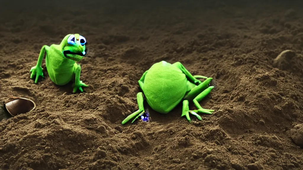 Image similar to A highly photographic render of Kermit the frog digging a grave, rim lighting, cinematic lighting, octane engine, photo realistic image, 4K, super detailed, cinematic look