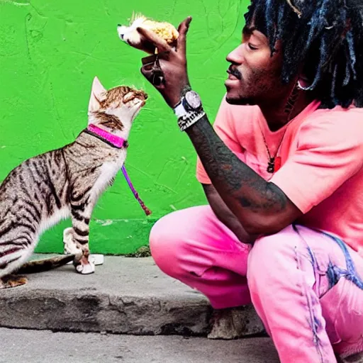 Image similar to lil uzi vert feeding a cat