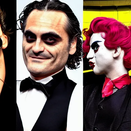 Prompt: mimmo rottela as skinny joaquin phoenix joker and lady gaga as harley queen