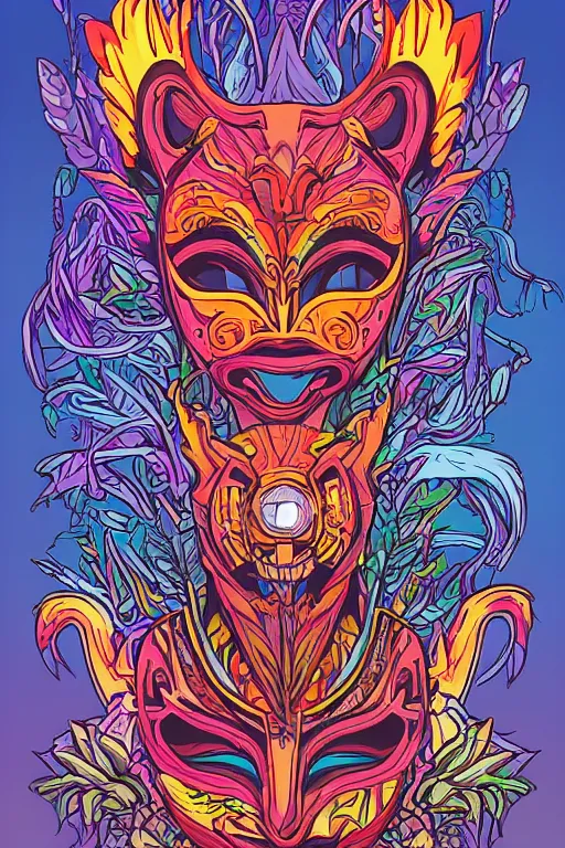 Image similar to animal mask totem roots flower tribal feather gemstone plant wood rock shaman vodoo video game vector cutout illustration vivid multicolor borderlands comics by josan gonzales and dan mumford radiating a glowing aura