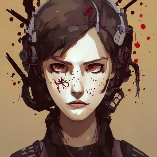 Image similar to Highly detailed portrait of a punk zombie young lady with freckles and brown curly hair hair by Atey Ghailan, by Loish, by Bryan Lee O'Malley, by Cliff Chiang, by Goro Fujita, by Greg Tocchini, inspired by ((image comics)), inspired by nier:automata, inspired by graphic novel cover art !!!gold, silver, opal, brown, black, and white color scheme ((grafitti tag brick wall background))