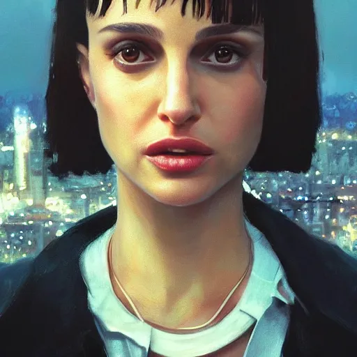 Image similar to closeup portrait of natalie portman from the movie leon the professional, city background, dramatic light, gorgeous view, depth, high detail, digital art, painted by greg rutkowski and seb mckinnon, by tim burton, trending on artstation