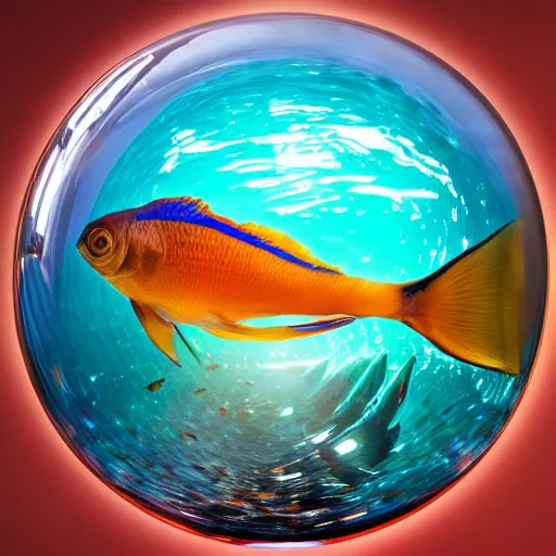 Image similar to photo of fish swimming inside a transparent sphere, high detail, 4k, complex