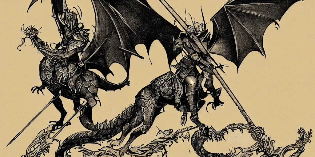 Prompt: A simple yet detailed illustration, depicting a realistic plated knight, holding a spear, facing the horizon where there is a game of thrones western dragon with large wings, popular on art station, in the style of a tattoo, Created by mike mignola