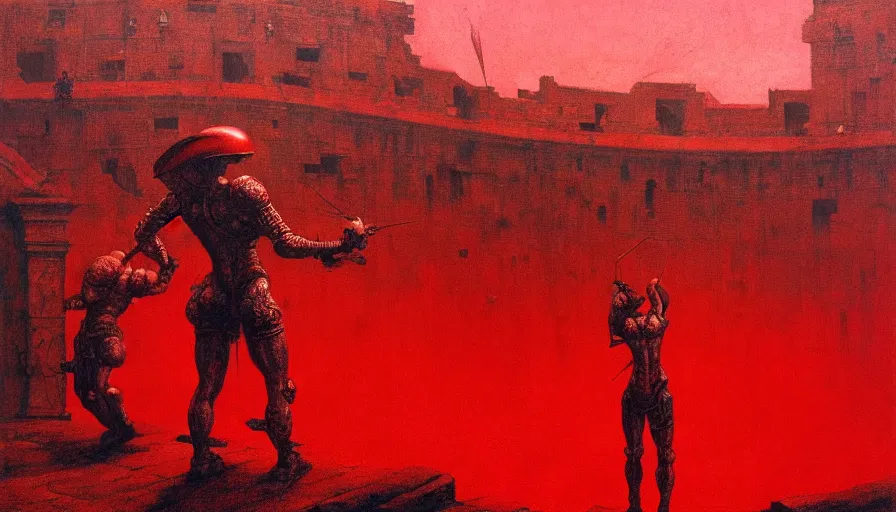 Image similar to only with red, a lightly armored gladiator in a crowded roman amphitheatre, crowd cheering, in the style of beksinski and edward hopper and rodcenko and yue minjun and cory loftis, intricate and epic composition, red by caravaggio, highly detailed, masterpiece, red light, artstation, art nouveau