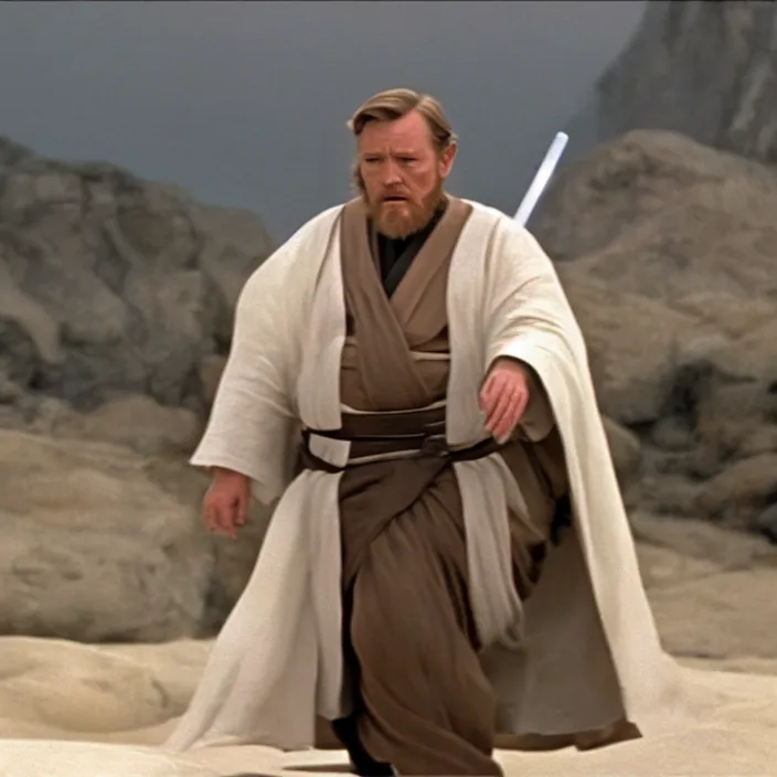 Image similar to obi wan kenobi but obese!!, photoralistic rendering, movie still, screenshot, hyperdetailed