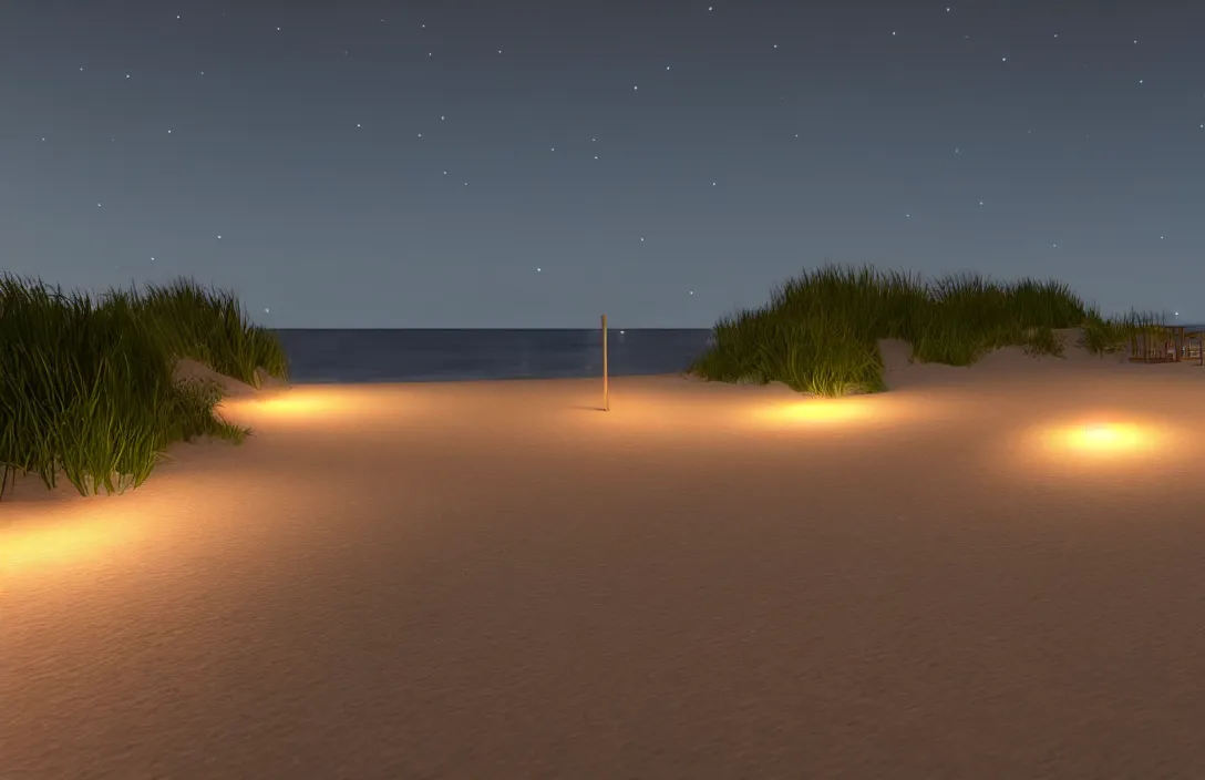 Image similar to on the beach by the sea, at night, unreal engine rendering