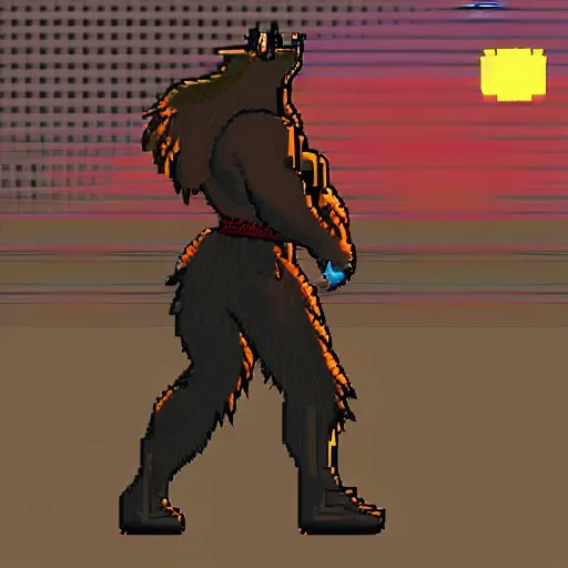 Prompt: full body portrait. 8 bit nes graphics. antropomorphic muscular masculine wolf. kickboxer fighter, in shorts. wolf head. furr on body. side view. postapocalyptic night city on background