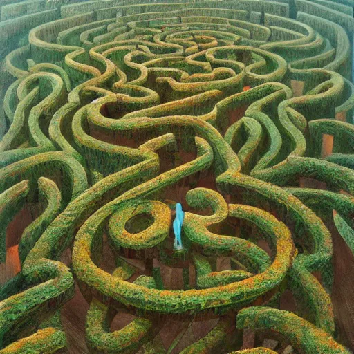 Prompt: Winding labyrinthine hedge maze, by zdzislaw beksinski and peter mohrbacher, trending on artstation