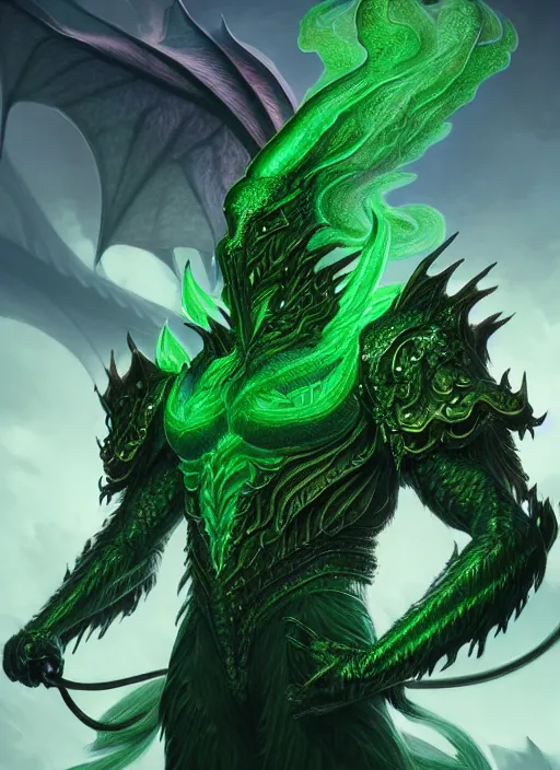 Image similar to muscular and tall green ghostly fire humanoid dragon!!!! draconian!! intricate ornate iridescent heavy armor!! character concept art, sharp focus, octane render! unreal engine 5! highly rendered!! trending on artstation!! detailed linework!! illustration by artgerm, wlop, and chie yoshii