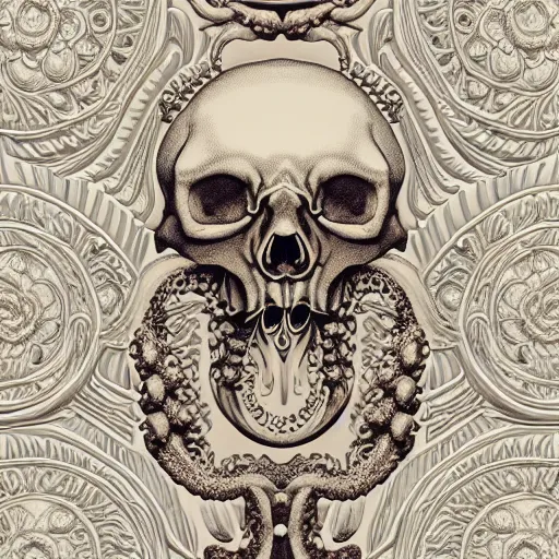 Image similar to ornately carved rococo human skull octopus hybrid, delicate detailed scrimshaw pattern of occult symbols and fractal geometry, tentacles, octane render 4 k, bone and ivory, waxy