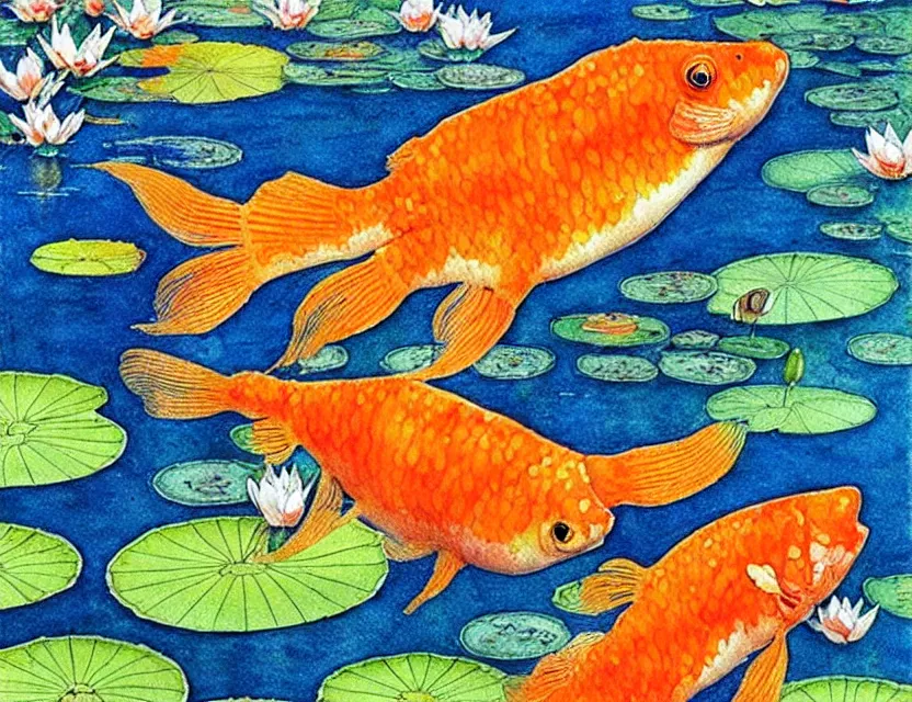 Prompt: one photo realistic orange comet goldfish swimming in a pond full of lily pads, art by walter crane and kay nielsen, beautiful composition, interesting color scheme and intricate details, watercolor art