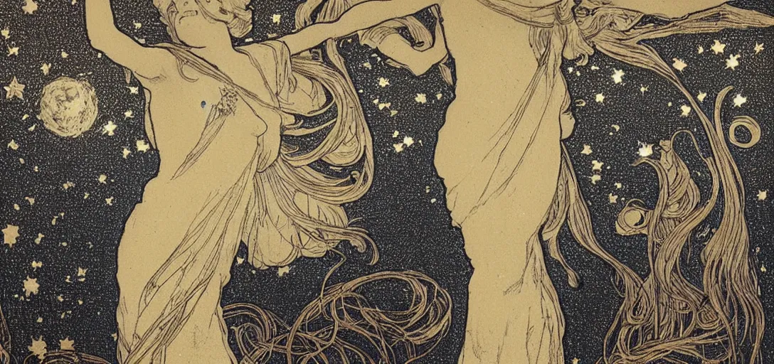 Prompt: a dark beautlful starry night in an english village, constellation, by mucha on black worn paper