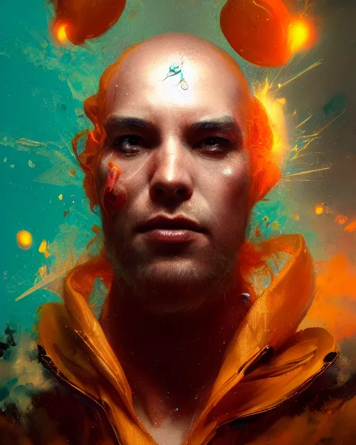 Prompt: full view portrait of mystical and legendary DJ Tangerine, 4k digital masterpiece by Greg Rutkowski and Ruan Jia and rossdraws, Alberto Seveso, fantasycore, Hyperdetailed, realistic oil on linen, soft lighting, Iconography background, featured on Artstation