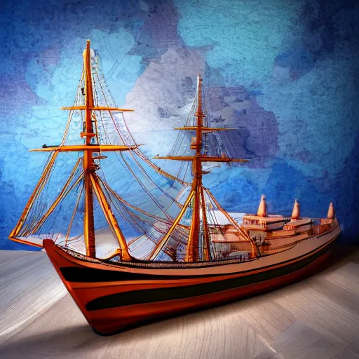 Image similar to intricate ship model on a dynamic background, soft light