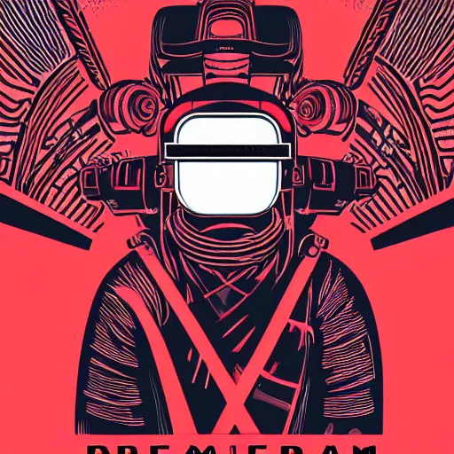 Image similar to !dream Illustrated by Shepard Fairey and H.R. Geiger | Cyberpunk Soviet Samurai with VR helmet, surrounded by cables