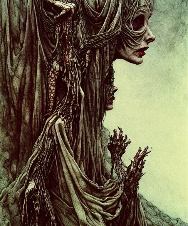 Image similar to a detailed creepy woman with many joints and arms stands among the hills. wearing a ripped mantle, robe. perfect faces, extremely high details, realistic, fantasy art, solo, masterpiece, art by zdzislaw beksinski, arthur rackham, dariusz zawadzki, hermann nitsch