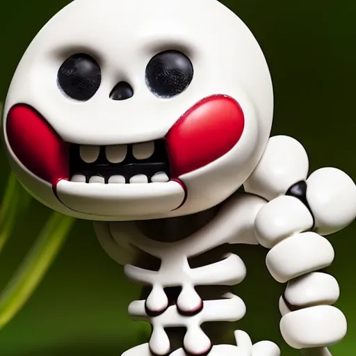 Image similar to A smiling off-white colored cheburashka skeleton porcelain figurine with a broken red heart hidden under the bones, 4k, shiny, high definition, detailed product shot, kaws