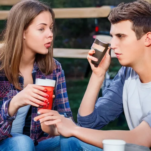 Image similar to very nervous male college student on his first date with a very attractive female at college shotgunning a beer on his birthday, in real life, hyper realistic, realistic, great detail, very very detailed, detailed, 8 k, 4 k uhd