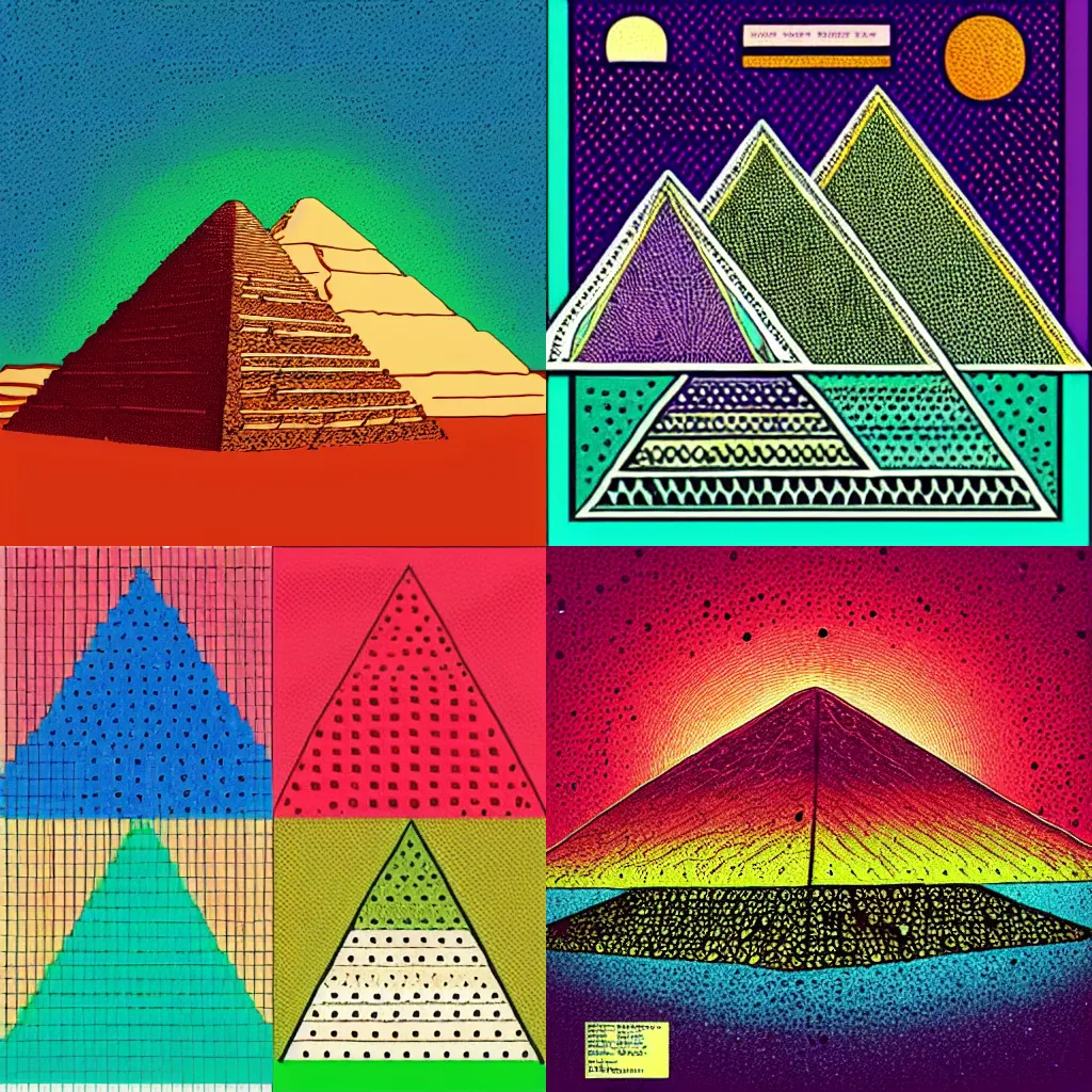 Prompt: “3 pyramids, colored album art, dot art”