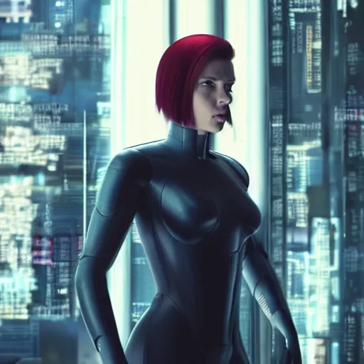 Prompt: a photographic still of scarlett johansson looking into the distance, beautiful light failling on her face, futuristic a - line bob with bangs hairstyle black hairs, medium shot, ghost in the shell, by annie leibowitz