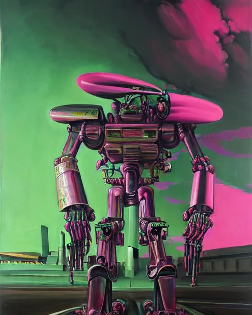 Image similar to hyperrealistic hyperdetailed graffiti mecha iridescent pink fighting aliens concept art santiago caruso de chirico sharp very dramatic green light 8k low angle shallow depth of field