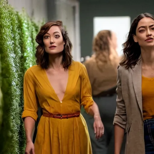 Prompt: Olivia Wilde as Faye Whitaker with Alexandria Ocasio-Cortez as Marigold Farmer