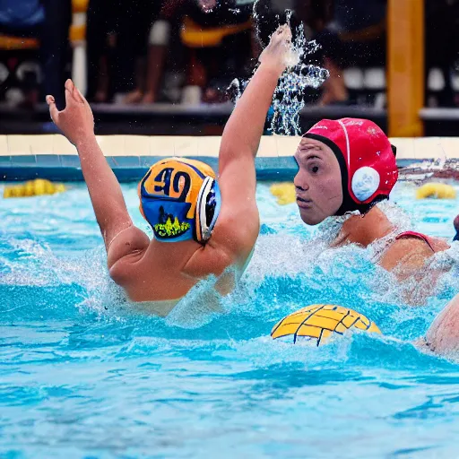Image similar to water polo played with humans and hippopotamuses. sports photograph.
