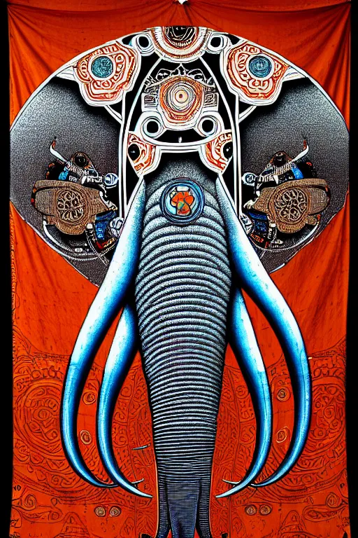 Image similar to a centered portrait of a robotic elephant headed biomechanical creature by clogtwo and subjekt zero. intricate detailed sharp clean textured very ornated. indian tapestry style. lowbrow color palette