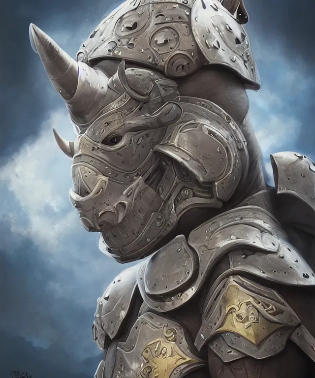 Image similar to A beautiful portrait of an anthropomorphic rhino wearing paladin armor, front facing!!, character design, by Pixar style by Tristan Eaton_Stanley Artgerm and Tom Bagshaw, hyper realism, high detail, trending on artstation, unreal engine 5, Lumen, 8k, 38mm photography