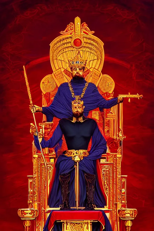 Prompt: the emperor tarot card, the crowned embodiment of male power holding the symbol of his power sits on a lavish red throne ruling with wisdom and care, 8 k resolution digital painting, by alena aenami, by michael whelan, behance hd, trending on artstation deviantart