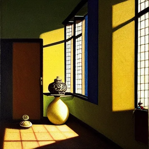 Image similar to still life painting of a room with a balcony. in the center lays an ancient holy artifact, shaped like torus ring, chromed and ornate with gentle iridescent shine from within. the ring lays on top of a pedestal. perspective from the side. realistic light and shadows. moody fantasy art, still life renaissance pastel painting. in the style of vermeer