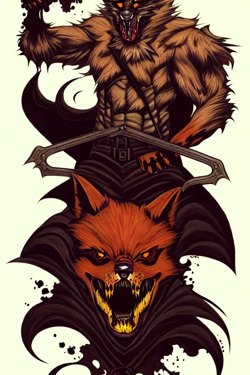 Image similar to concept art design illustration, halloween, werewolf, vampire, hunter, 1 6 colors, logo, ink drawing, art by jc leyendecker and sachin teng