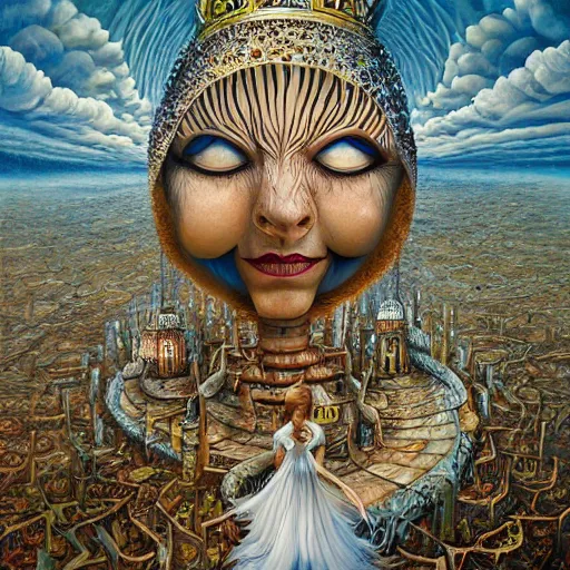 Image similar to queen of dreams by carol bak, jacek yerka, Gediminas Pranckevicius, alex gray, dan mumford and h.r. giger, oil on canvas, 8k highly professionally detailed, trending on artstation