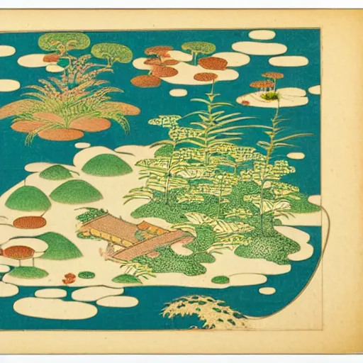 Prompt: 3d isometric botanical illustration of a small city in an island surrounded by water (((((((((((frame 1/5))))))))))), by maria sibylla merian in Ukiyo-e style, HD