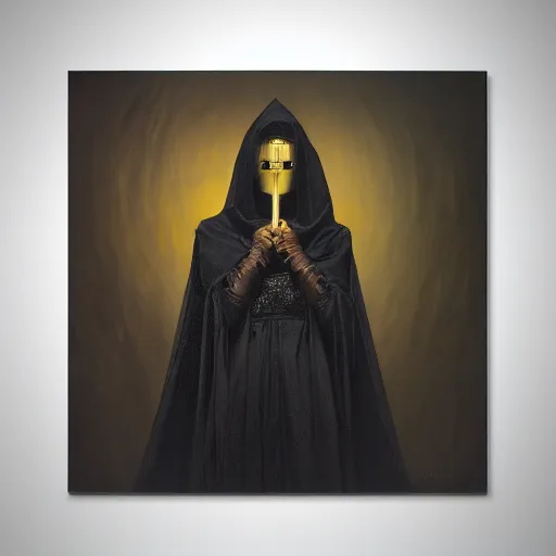 Image similar to a portrait of a young woman wearing a long dark cloak, hood and shadows covering face, holding golden chains, oil painting, matte painting, black background, Volumetric Golden dappled dynamic lighting, Highly Detailed, Cinematic Lighting, Unreal Engine, 8k, HD, by Beksinski