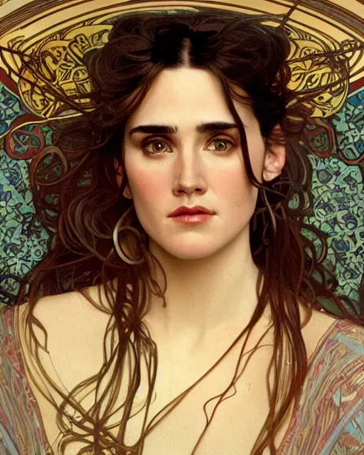 Image similar to highly detailed portrait of jennifer connelly by Alphonse Mucha 4k resolution