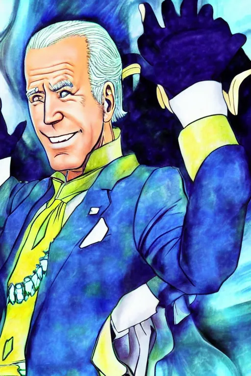 Image similar to Joe Biden as Jotaro Kujo JoJo from JoJo's Bizarre Adventure, anime drawing by Hirohiko Araki, vivid colors, colorful fashion