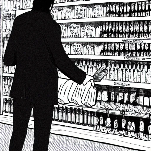 Prompt: a sketch of john wick grabbing milk at a store, dark, shadows, highly detailed,